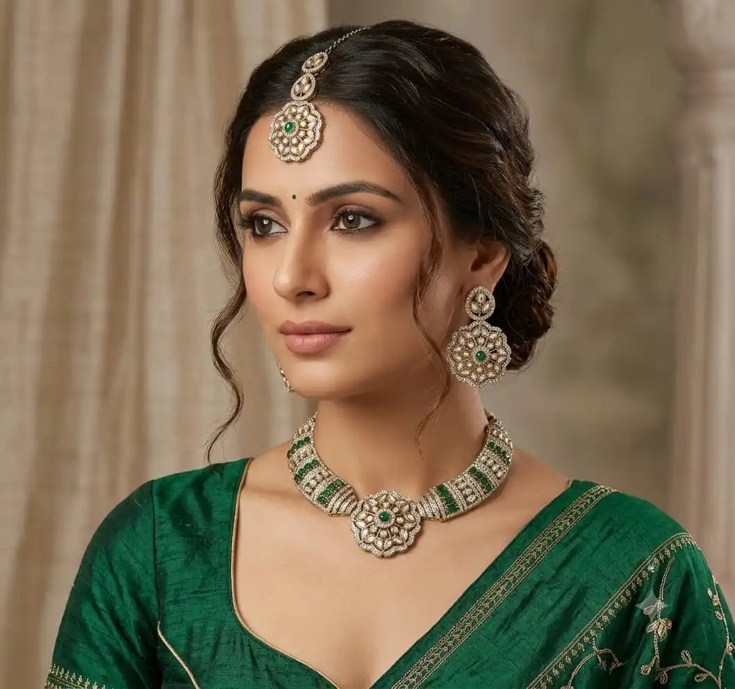 Luxury Ruby Emerald American Diamond Choker Necklace Set with Earrings and Maang Tikka Gold Plated Bridal Wedding Jewelry Set