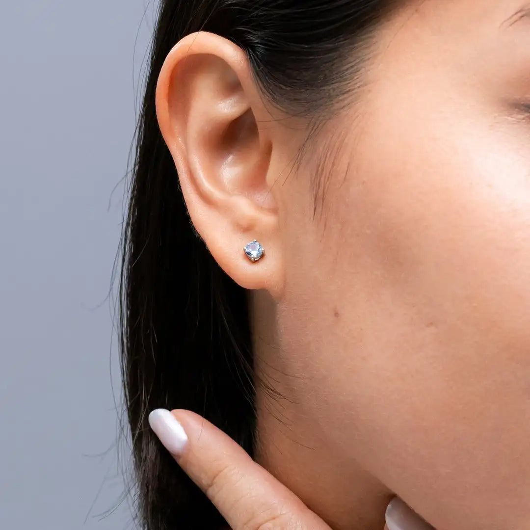 14kt Solid Gold Round Blue Aquamarine Studs Earring Prong Set Engagement Women Fine Studs Luxury March Birthstone Earrings