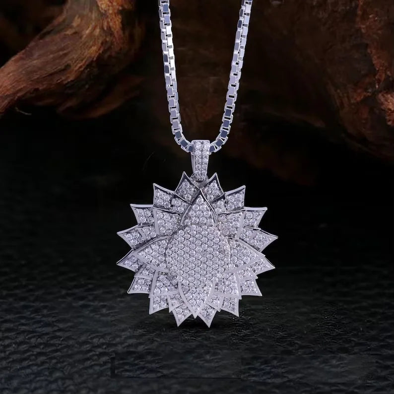 BiG-BOSS Iced Out Flower Pendant Moissanite Bezel Setting Silver Tone Layered Petal Design Luxury Hip Hop Jewelry for Men Women Party