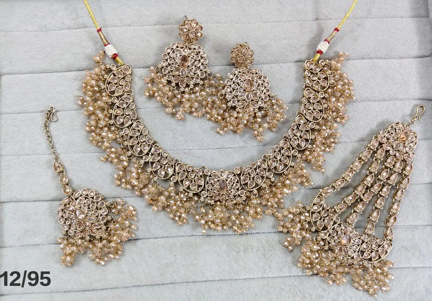 Luxury Gold Plated Black Kundan Bridal Necklace Set with Zircon Crystal Beads Earrings Maang Tikka & Hathphool Wedding Jewelry