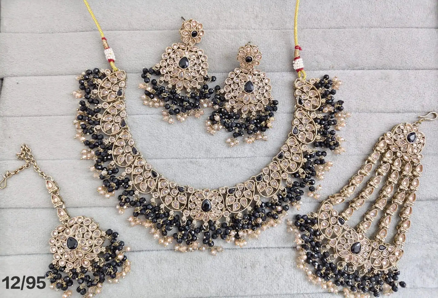 Luxury Gold Plated Black Kundan Bridal Necklace Set with Zircon Crystal Beads Earrings Maang Tikka & Hathphool Wedding Jewelry