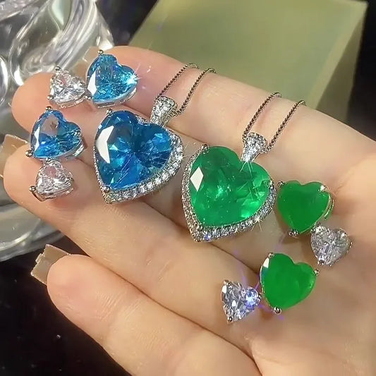 Brass Silver Plated Blue Topaz Jewelry Set Heart Cut Ocean Blue Pendant Necklace Double Heart Stud Earring Romantic Love Jewelry