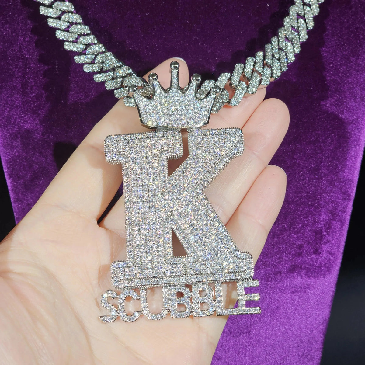 BiG-BOSS Krishnavii KP 204 Men's Luxury Iced Custom Name Hip Hop Pendant Necklace Silver Plated Cushion Cut Moissanite Crown Clasp Party