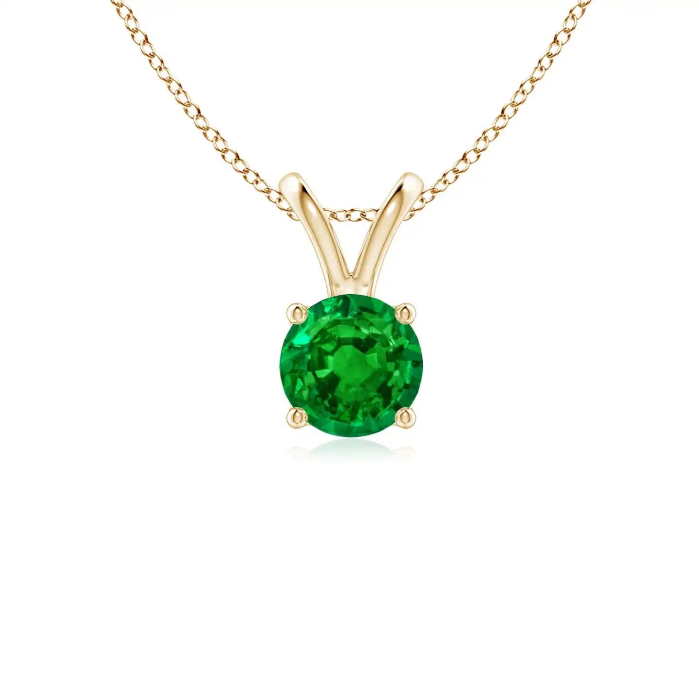 14K Solid Gold Natural Round Emerald V-Bale Solitaire 4 Claw Set Pendant Fine Jewellery Classic Anniversary Wedding Gift