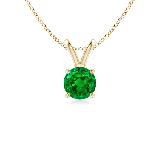 14K Solid Gold Natural Round Emerald V-Bale Solitaire 4 Claw Set Pendant Fine Jewellery Classic Anniversary Wedding Gift