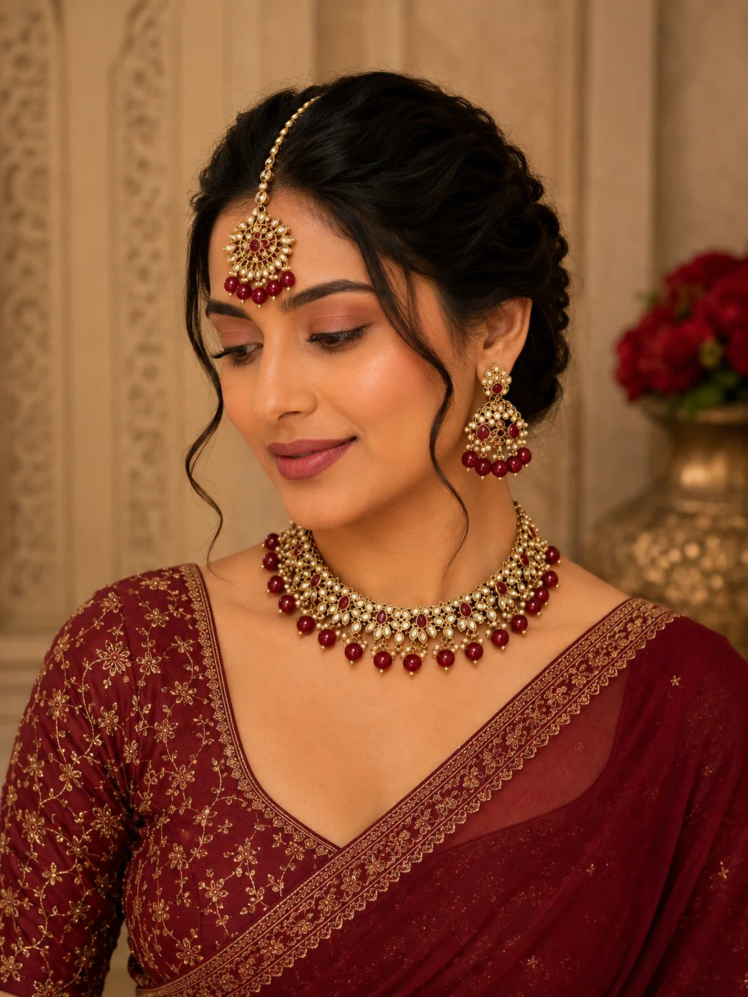 New Shadow Choker Necklace Set With Ruby Red Beads Gold Plated Vintage Bridal Jewelry For Women Wedding Fashion Jewelry Sets