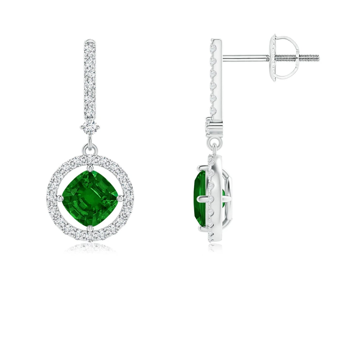 14kt White Gold Natural Emerald Diamond Halo Drop Earrings Cushion Cut Emerald Dangle Fine Jewelry for Women Gift for Her