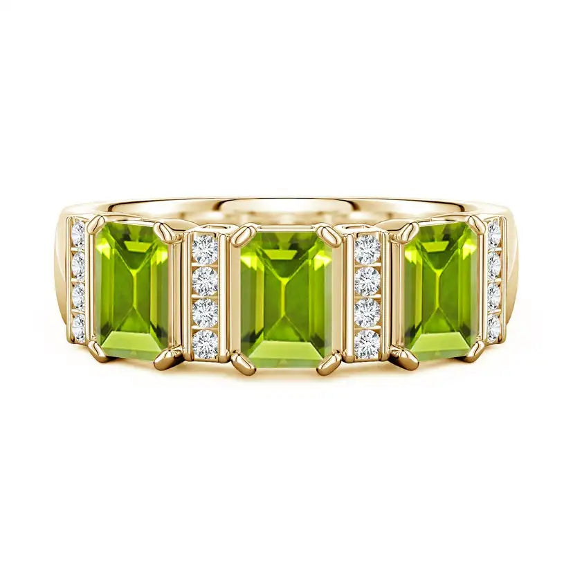 Natural Peridot Gemstone Emerald Shape 6*4 mm Natural Diamonds Halo Fine Jewelry IGI Certified Color 14K Solid Solid Gold Ring