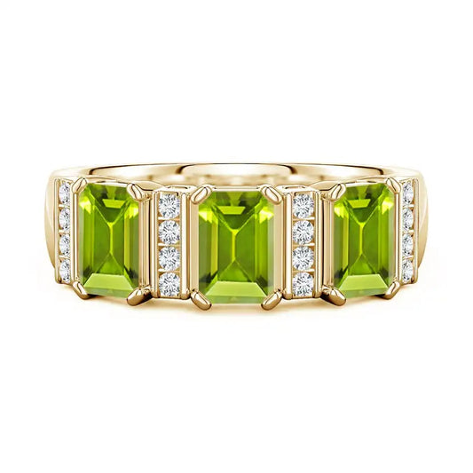 Natural Peridot Gemstone Emerald Shape 6*4 mm Natural Diamonds Halo Fine Jewelry IGI Certified Color 14K Solid Solid Gold Ring