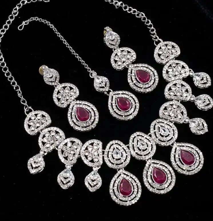 Luxury Blue Cubic Zirconia Bridal Jewelry Set Silver Plated Necklace Earrings Maang Tikka Wedding Wear Women Luxury set forgirl