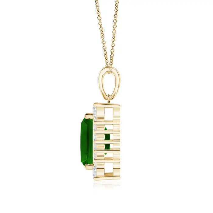14K Solid Gold Vintage Style Emerald-Cut Natural Green Emerald Gemstone With Halo Diamond Pendant Link Chain Necklace Wholesale