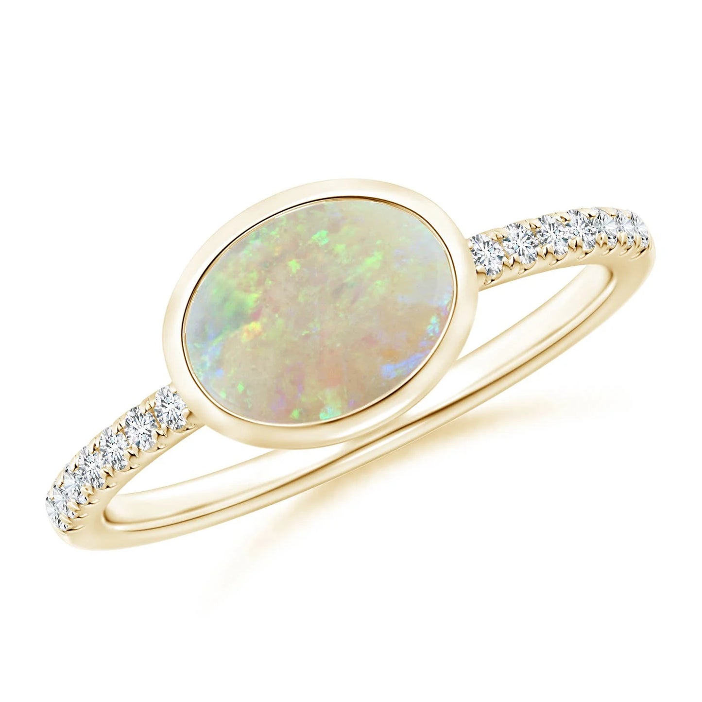 14K Gold Unique Design Oval Cut Natural Ethiopian Opal Gemstone Ring With Pave Accent Diamond Band Fine Jewelry Engagement Ring