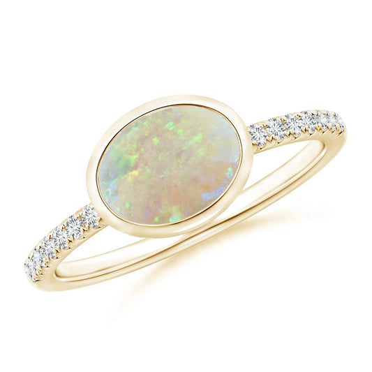 14K Gold Unique Design Oval Cut Natural Ethiopian Opal Gemstone Ring With Pave Accent Diamond Band Fine Jewelry Engagement Ring