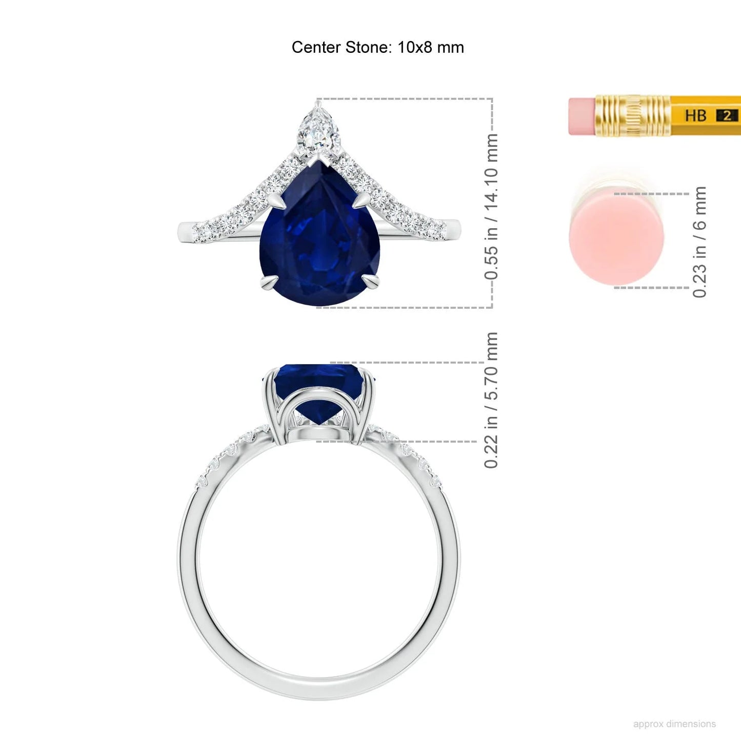 14K Pure Gold Prong Set 8x6MM 1.40Ctw Natural Blue Sapphire Gemstone Chevron Ring With 0.19Ct Pave Diamond Handmade Wedding Ring