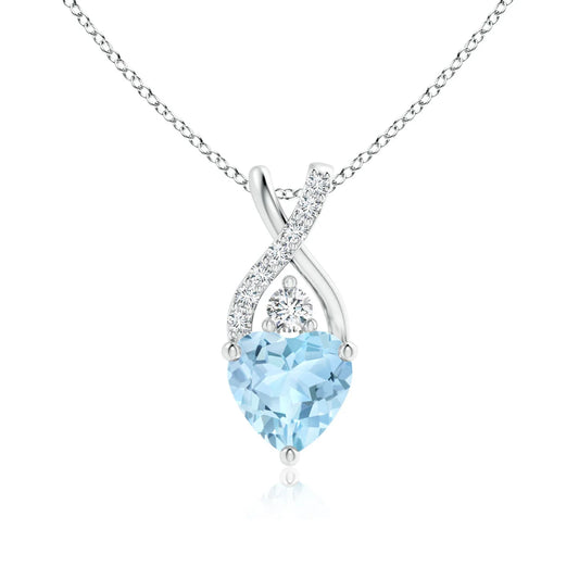 14K Solid Gold Solitaire Heart Cut Aquamarine Gemstone Pendant With Twisted Natural Diamond Bale Romantic Gift For Her Pendant
