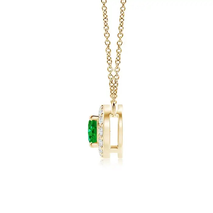 14k Solid Gold East-West Oval Cut Natural Emerald Gemstone Pendant Necklace With Diamond Halo Certified Handmade Fine Jewelry