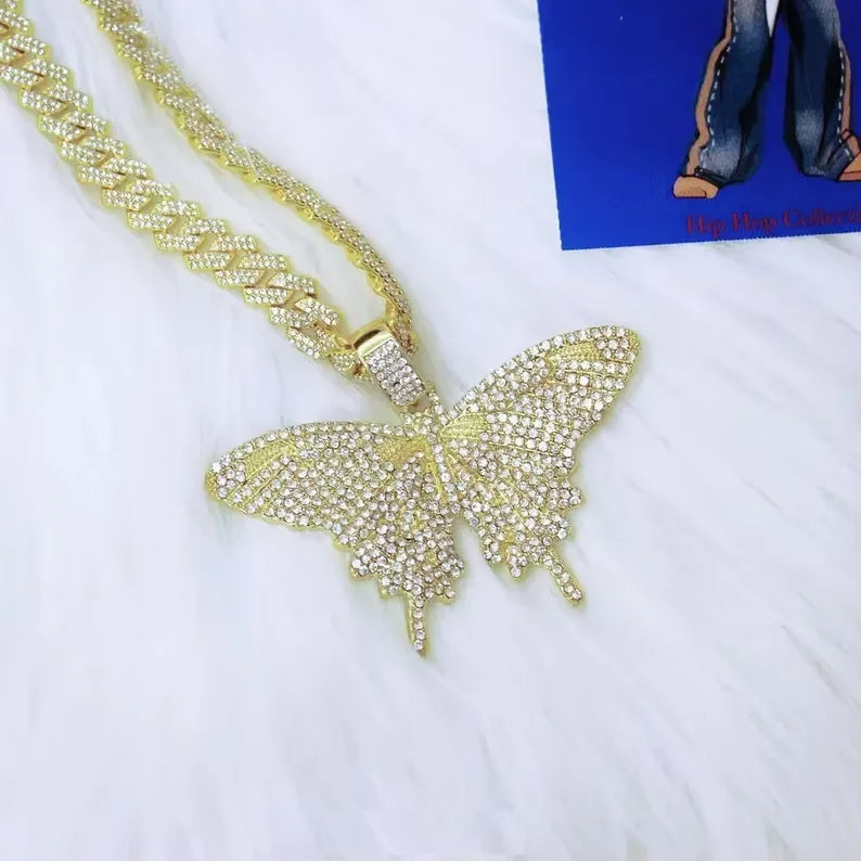 BiG-BOSS Gold Butterfly Pendant for Men Iced Out Moissanite Cuban Link Hip Hop Jewellery