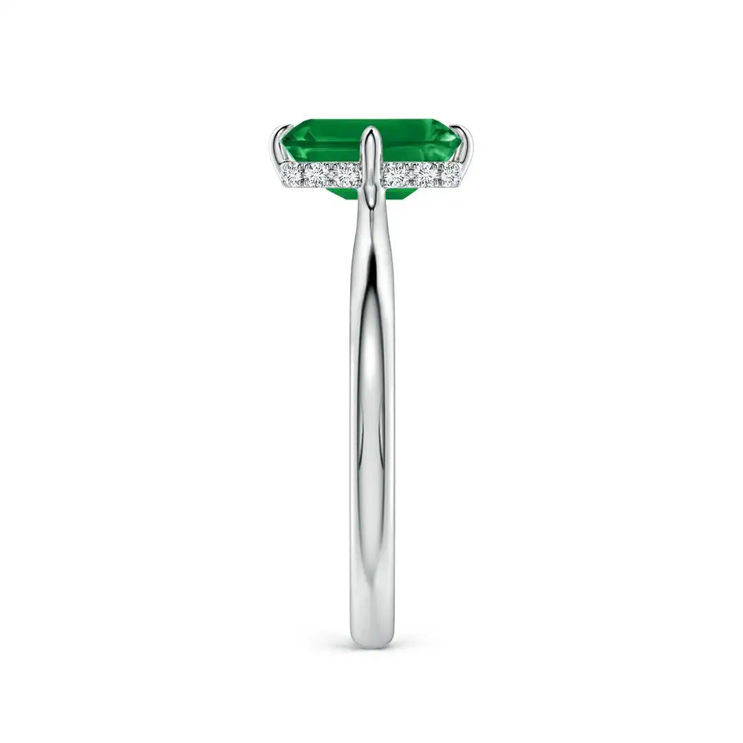 14K Solid Gold Solitaire Emerald-Cut Emerald Engagement Ring with Hidden Halo Handmade Customized Fine Jewelry Wedding