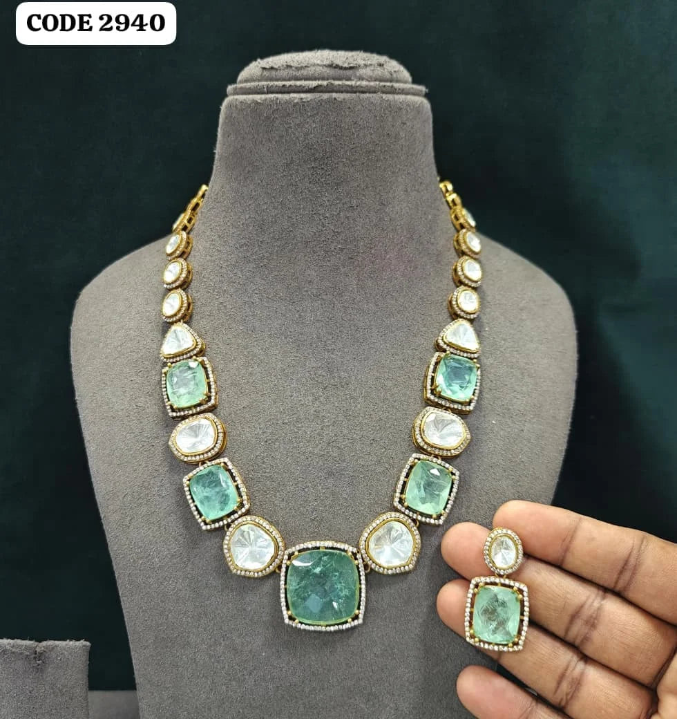 Elegant Mint Green Cushion Cut Heritage Necklace Set Traditional Wedding Jewelry Statement Necklace Premium Designer Fashion