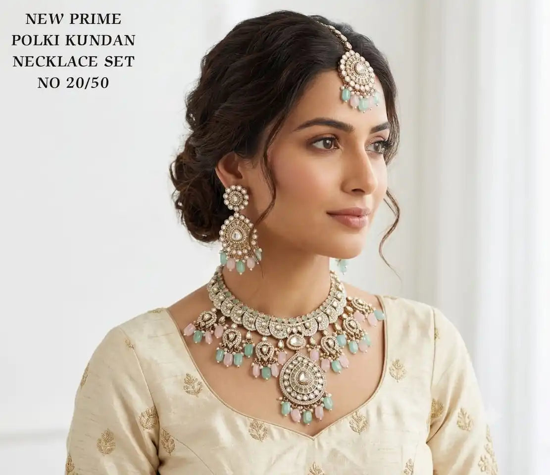 Wholesale Prime Polki Kundan Choker Necklace Set with Earrings and Maang Tikka Bridal Wedding Party Wear Gold Plated Jewelry