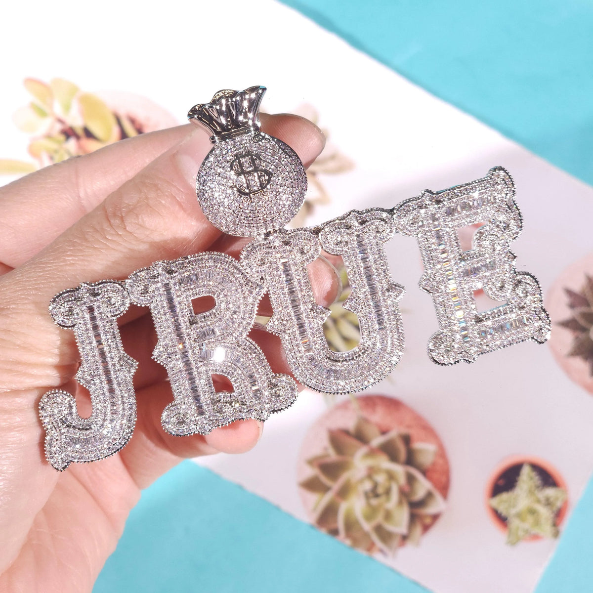 BiG-BOSS Icy Luxury Hip Hop Money Bag Bail Custom Name Men's Silver Plated Cuban Chain Iced Cushion Cut Moissanite Letter Pendants