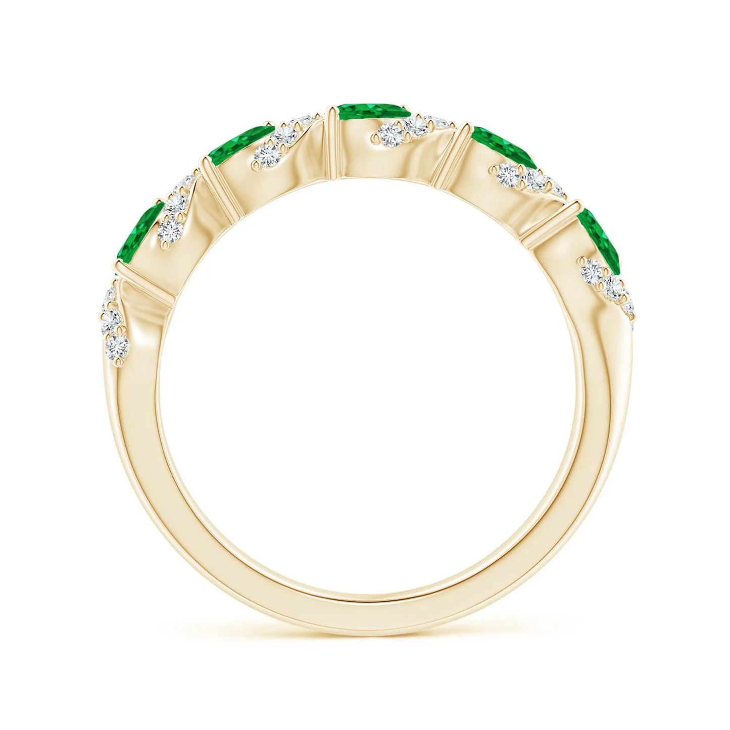 14K Solid Gold Oval Cut Five Stone Natural Green Emerald Swirl Ring with Diamonds High Quality Fine Jewelry Half Eternity Ring