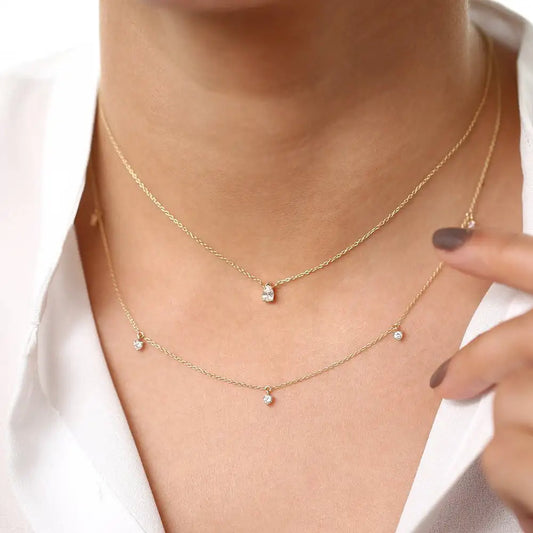 14k Gold Multi Natural Dangling Diamond Solitaire Necklace High-end Collection Engagement Wedding Wear 0.39ct Brilliant Cut