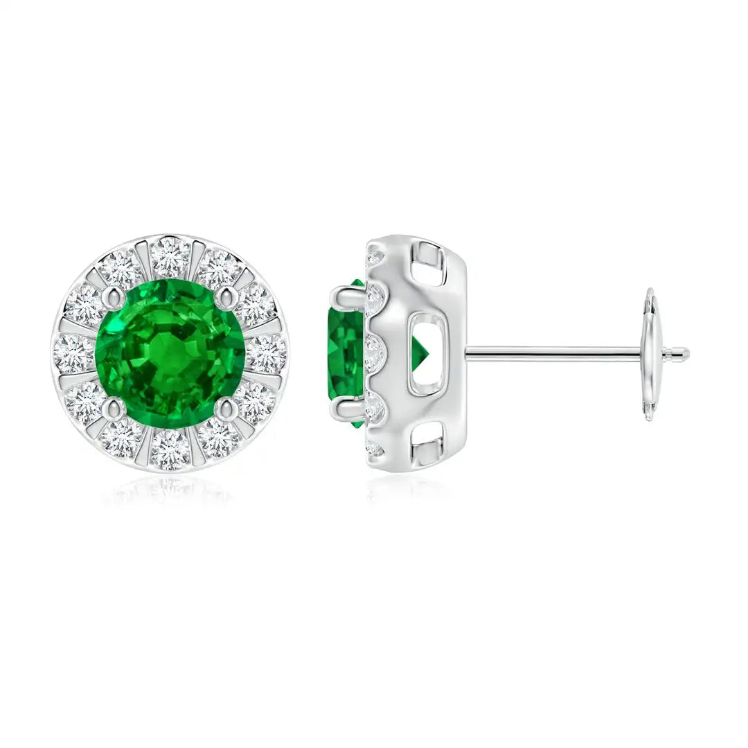 Round Cut Green Emerald Diamond Halo Stud Earrings in 14kt White Gold Elegant May Birthstone Fine Jewelry for Women