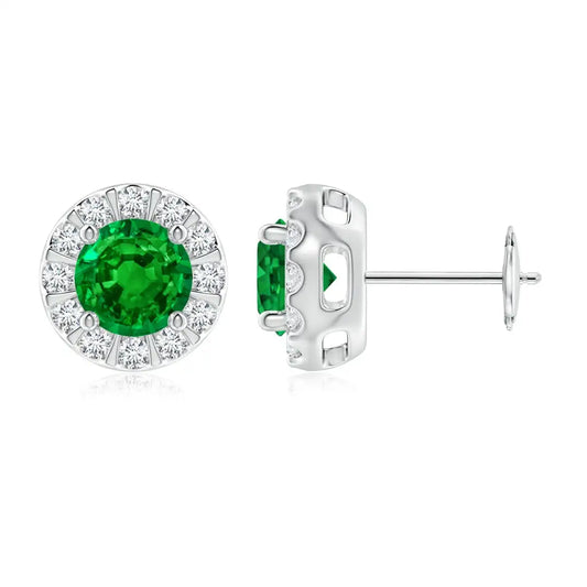 Round Cut Green Emerald Diamond Halo Stud Earrings in 14kt White Gold Elegant May Birthstone Fine Jewelry for Women