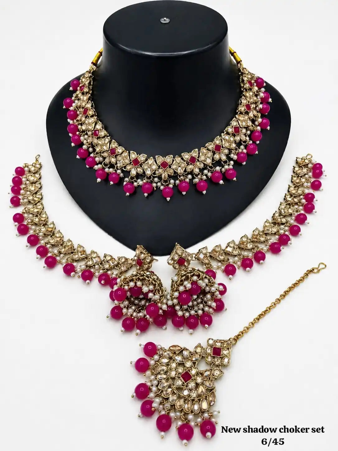 Indian Bridal Shadow Choker Necklace Set Gold Plated Kundan Style Jewellery with Matching Earrings Maang Tikka Set For Women