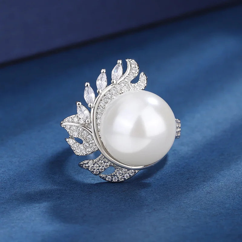 XOTICA High Quality Imitation White Pearl Jewelry Set Feather Design CZ Pendant Necklace Ring Stud Earring Elegant Tahitian Pearl Gifts