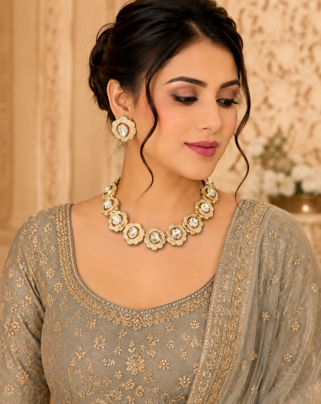 Luxury Floral Kundan Choker Necklace Set with American Diamond Gold Plated Bridal Wedding Party Wear Jewelry Set For Women