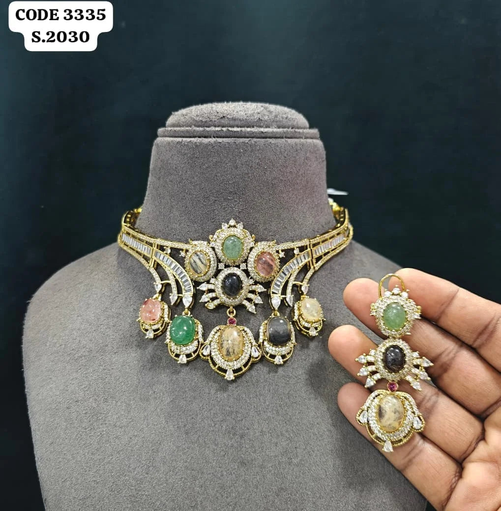 Luxury Multi Stone Bridal Choker Necklace Set for Women Wedding Party Designer Ethnic Jewelry Gift Collection Premium Set