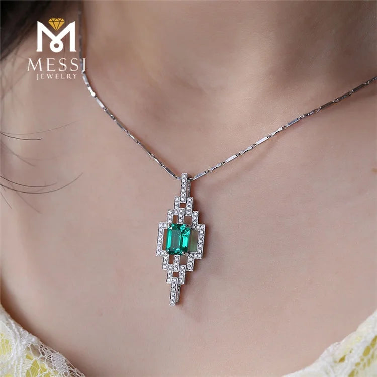 Gemfiori Messi Jewelry Customized 18k White Gold 1.5ct Created Emerald Diamond Necklace