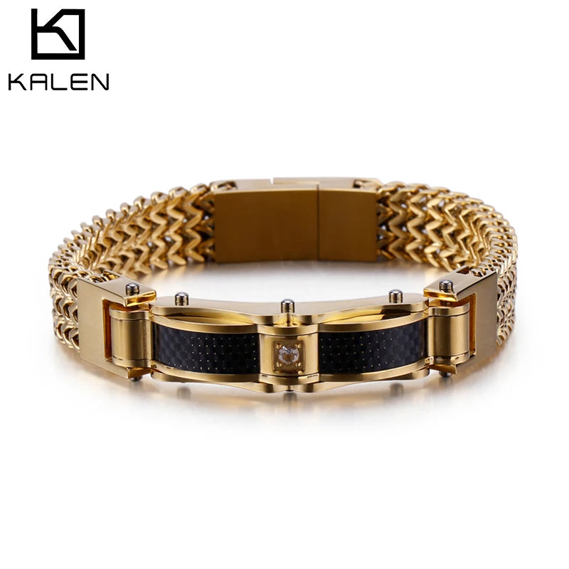 KALEN 210*13mm Stainless Steel Zircon Gold Chain Charm Bracelets for Men