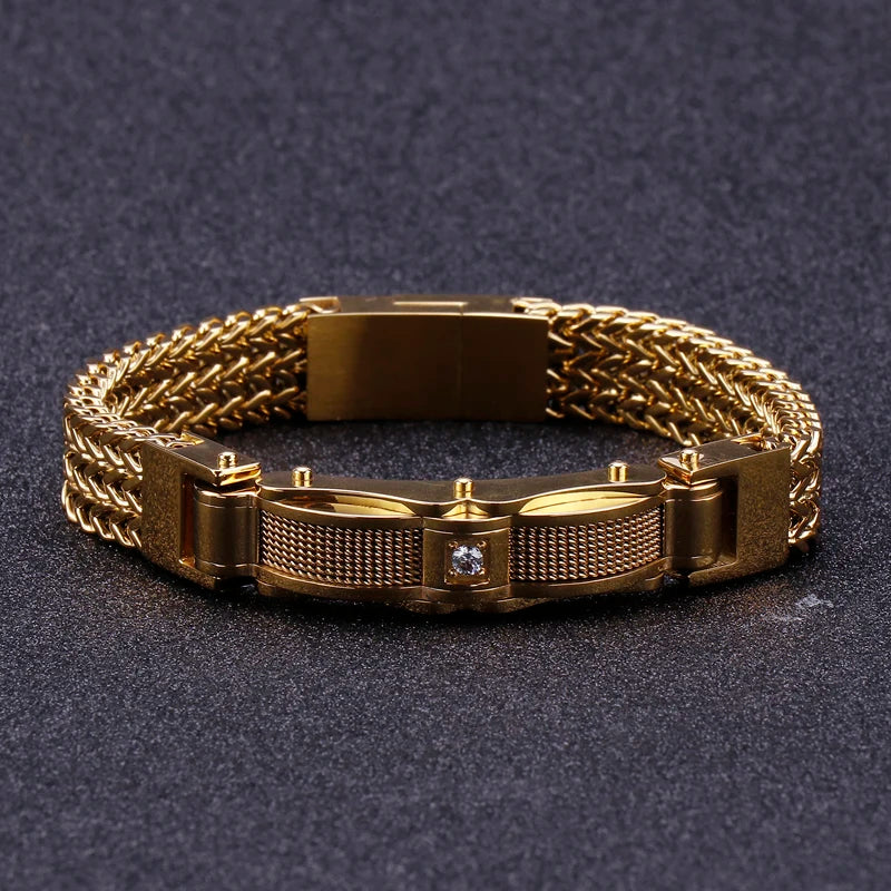 KALEN 210*13mm Stainless Steel Zircon Gold Chain Charm Bracelets for Men