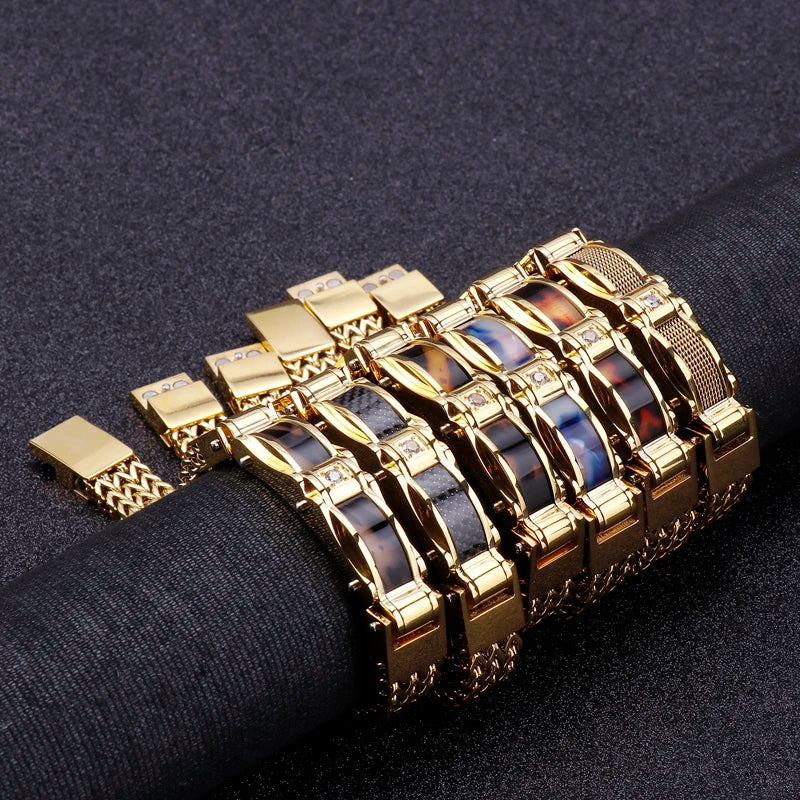 KALEN 210*13mm Stainless Steel Zircon Gold Chain Charm Bracelets for Men