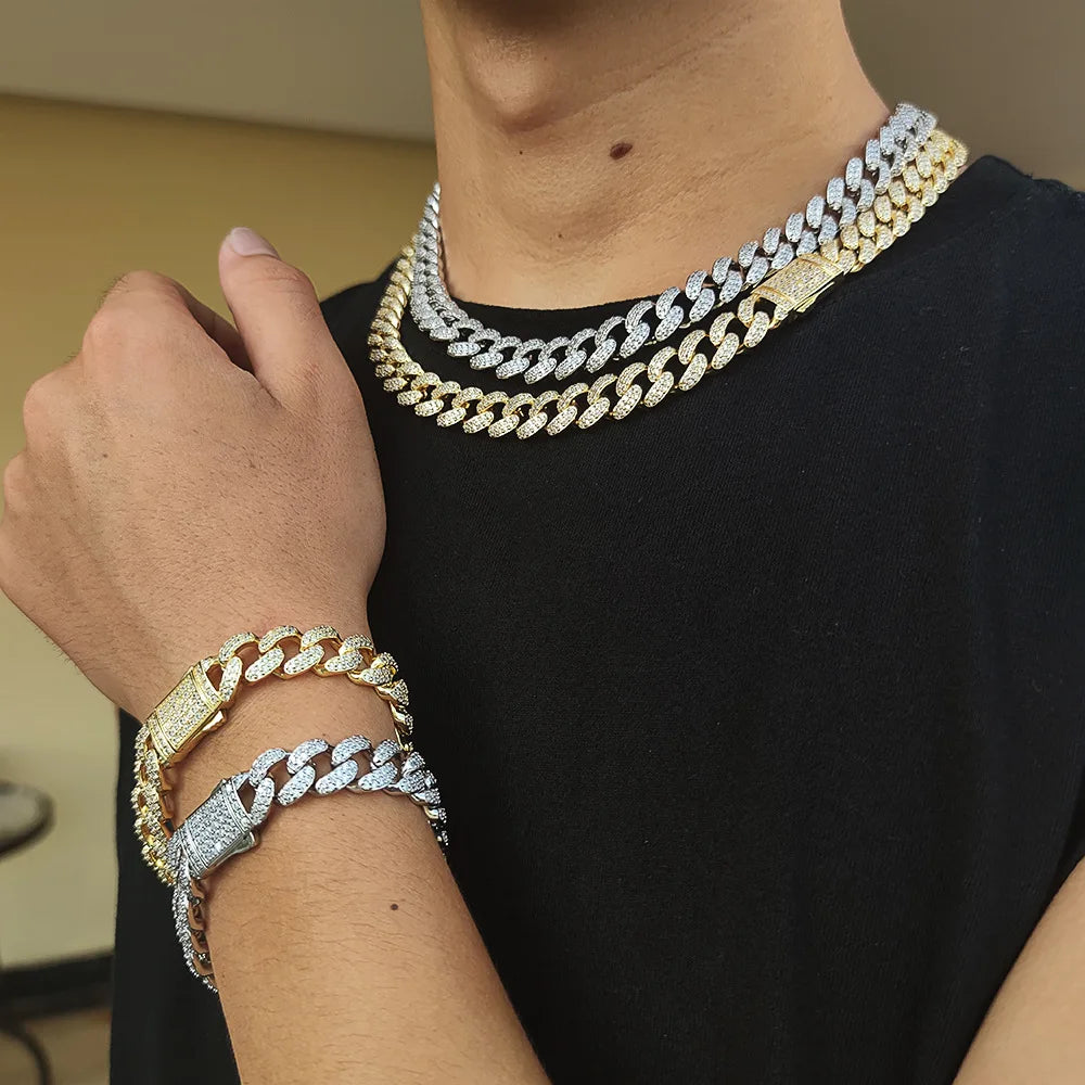 S&S NUOYA 12mm Luxury Hip Hop Gold Iced Out Diamond Cuban Link Chain Bracelet Women Jewelry Cubic Zirconia Silver Bracelets Men