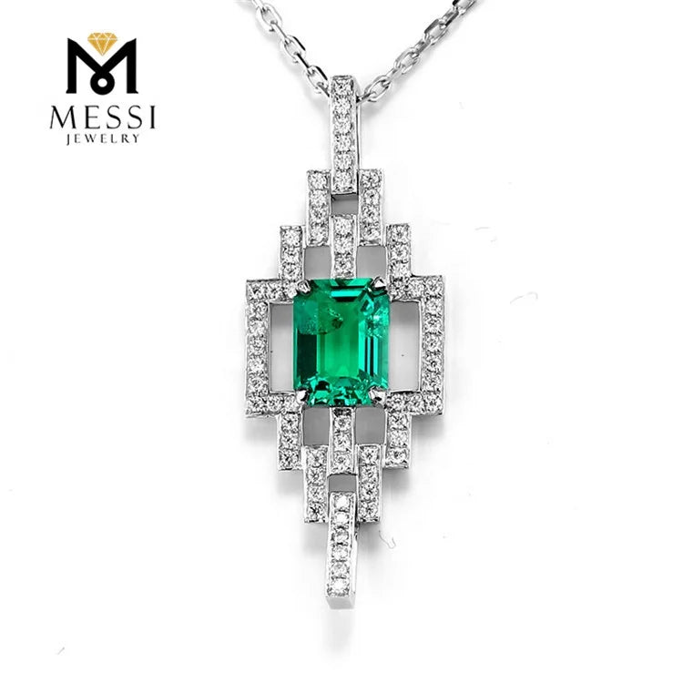 Gemfiori Messi Jewelry Customized 18k White Gold 1.5ct Created Emerald Diamond Necklace