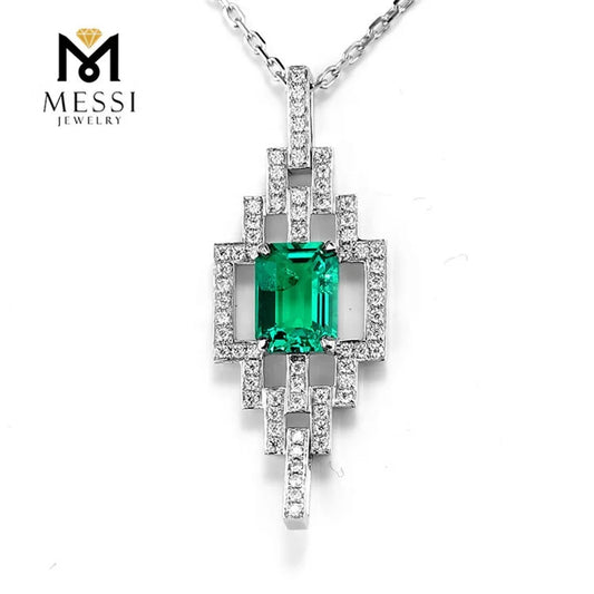Gemfiori Messi Jewelry Customized 18k White Gold 1.5ct Created Emerald Diamond Necklace