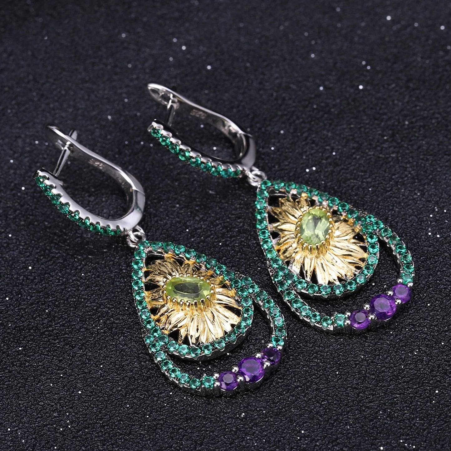 Abiding Hot Sale 925 Sterling Silver Jewelry Set Handmade Natural Peridot Ring Earring Sunflower Jewelry Set