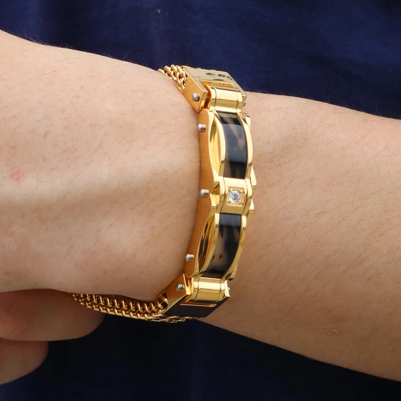 KALEN 210*13mm Stainless Steel Zircon Gold Chain Charm Bracelets for Men