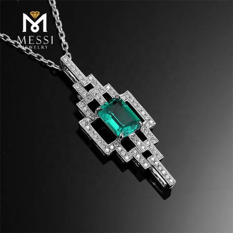 Gemfiori Messi Jewelry Customized 18k White Gold 1.5ct Created Emerald Diamond Necklace