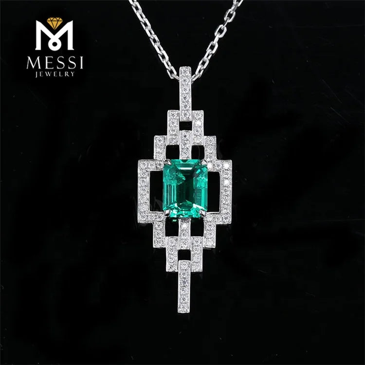 Gemfiori Messi Jewelry Customized 18k White Gold 1.5ct Created Emerald Diamond Necklace