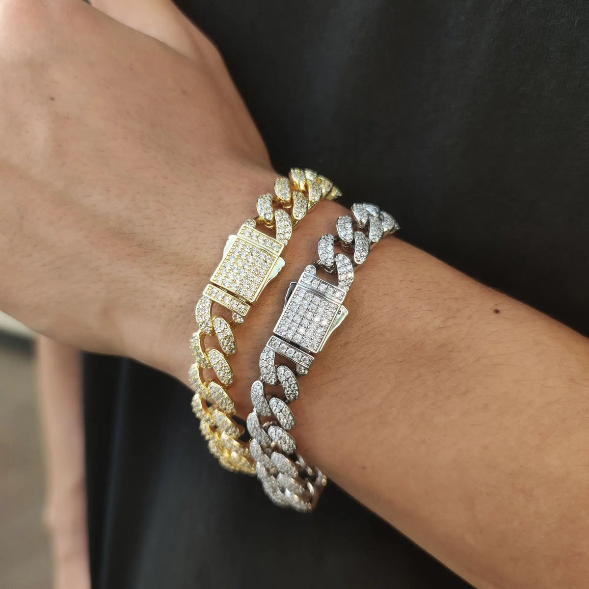 S&S NUOYA 12mm Luxury Hip Hop Gold Iced Out Diamond Cuban Link Chain Bracelet Women Jewelry Cubic Zirconia Silver Bracelets Men