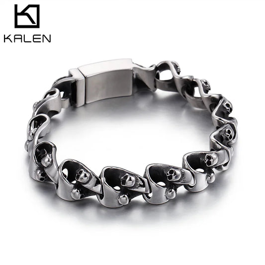 KALEN Spring Clasp Punk Skull Stainless Steel Bracelet Mens