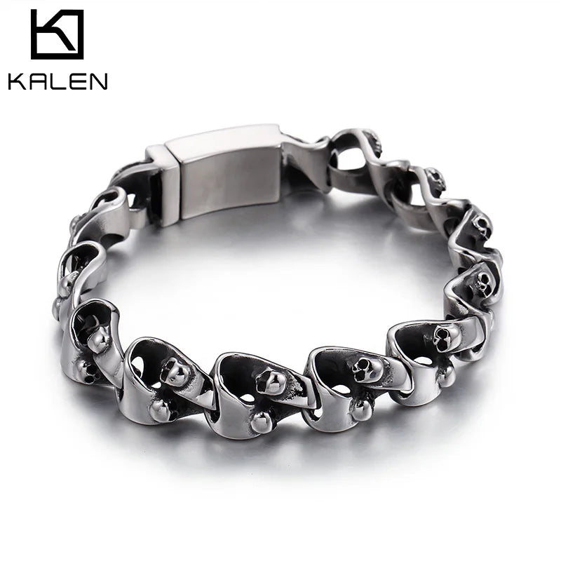 KALEN Spring Clasp Punk Skull Stainless Steel Bracelet Mens