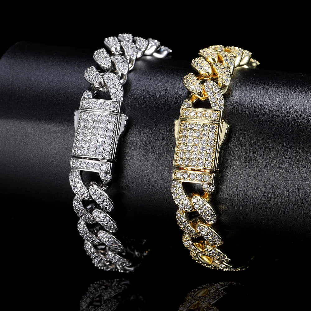 S&S NUOYA 12mm Luxury Hip Hop Gold Iced Out Diamond Cuban Link Chain Bracelet Women Jewelry Cubic Zirconia Silver Bracelets Men