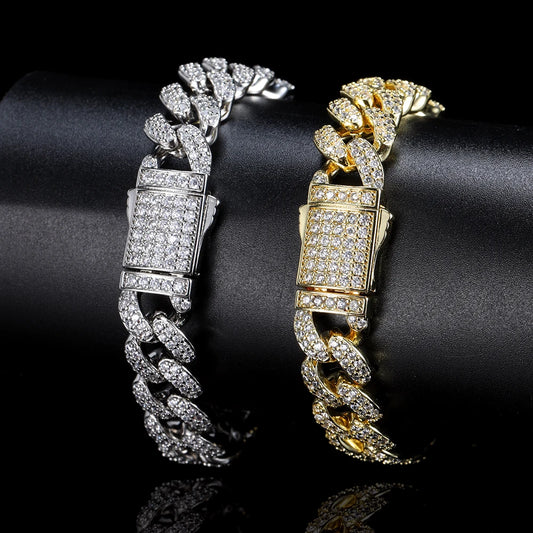 NUOYA 12mm Luxury Hip Hop Gold Iced Out Diamond Cuban Link Chain Bracelet Women Jewelry Cubic Zirconia Silver Bracelets Men