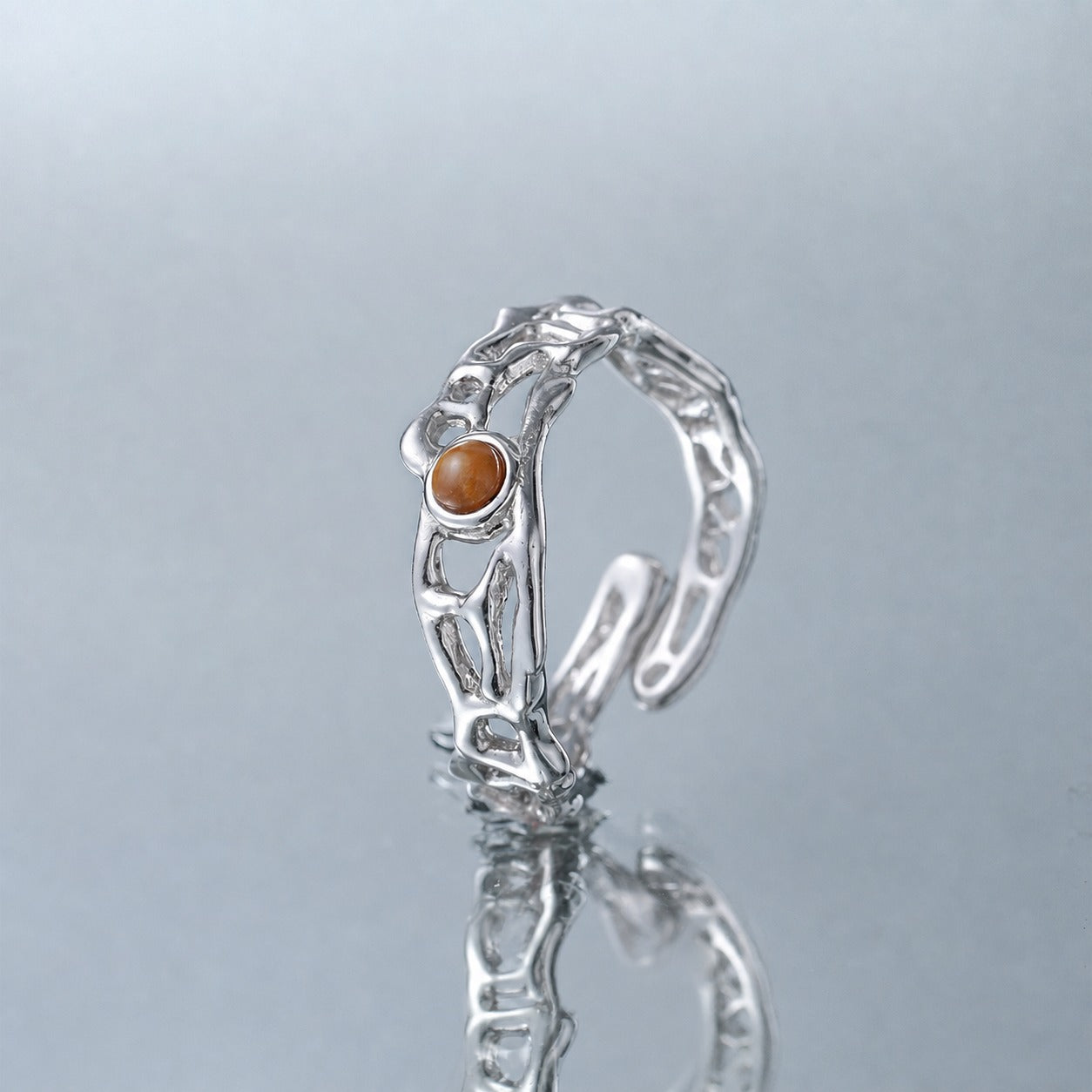Modern Natural Tiger's Eye Irregular Openwork Pattern 925 Sterling Silver Adjustable Ring